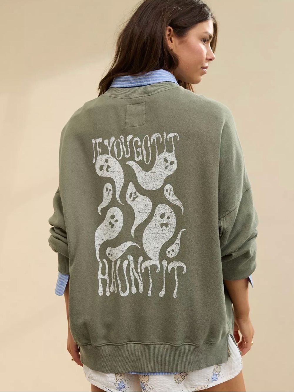Aerie Halloween Big Chill Crew Cotton Sweatshirt Distressed Relaxed Fit Size Sm
